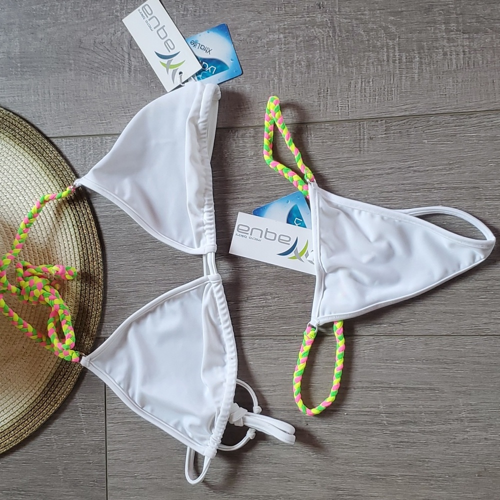 Aqua white string bikini with braided ties. Size L